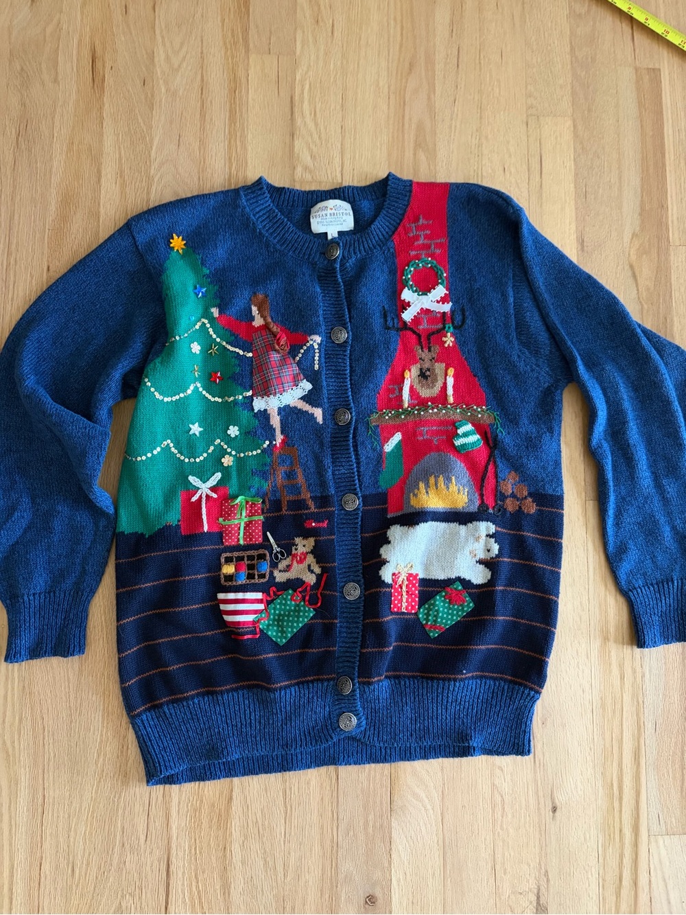 VTG Susan Bristol Cardigan Sweater Womens large Wool Embroidered Christmas 1993